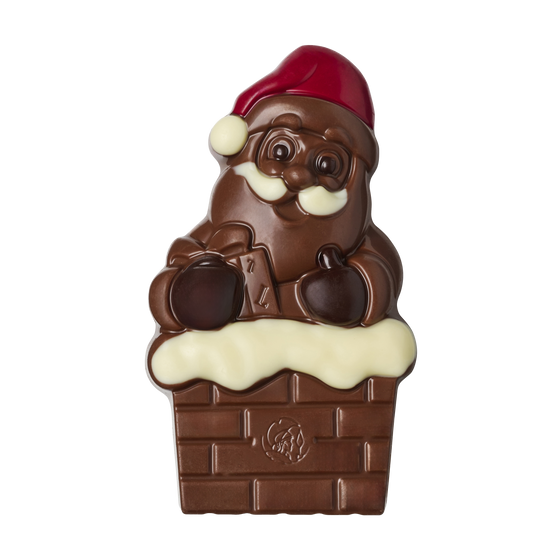 Leonidas Milk chocolate Santa Claus figurine sitting on a chocolate chimney, with a red hat and white beard, against a white background.