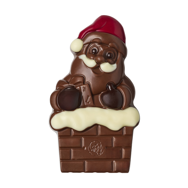 Leonidas Milk chocolate Santa Claus figurine sitting on a chocolate chimney, with a red hat and white beard, against a white background.