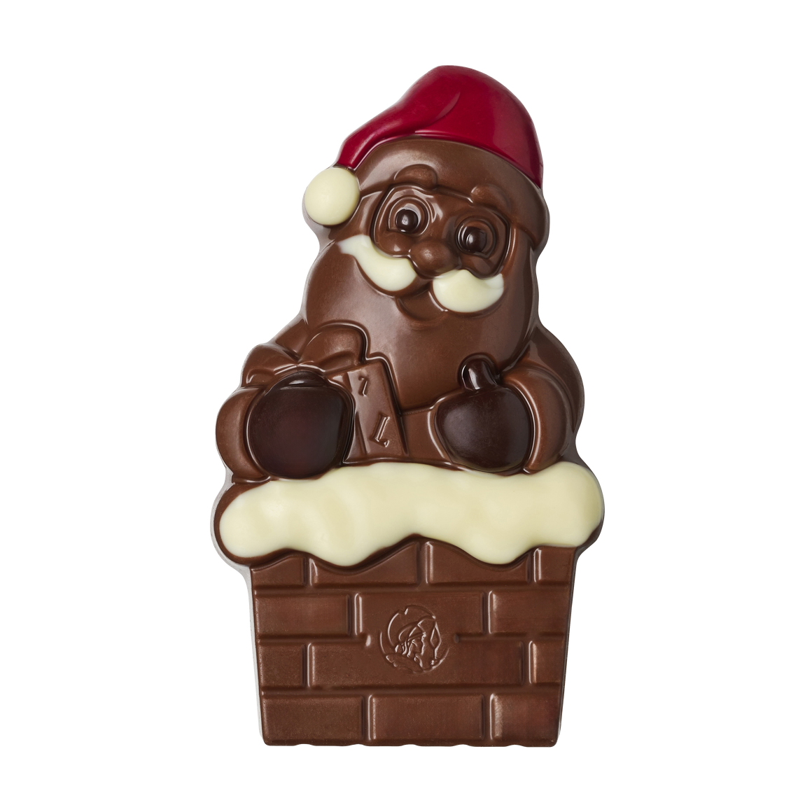 Leonidas Milk chocolate Santa Claus figurine sitting on a chocolate chimney, with a red hat and white beard, against a white background.