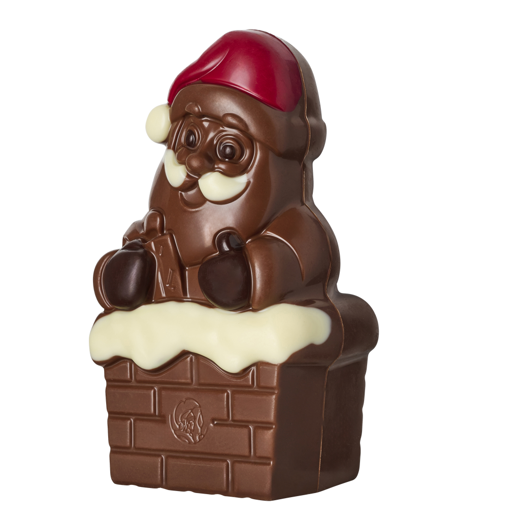 Side view of Leonidas Milk chocolate Santa Claus figurine sitting on a chocolate chimney, with a red hat and white beard, against a white background.