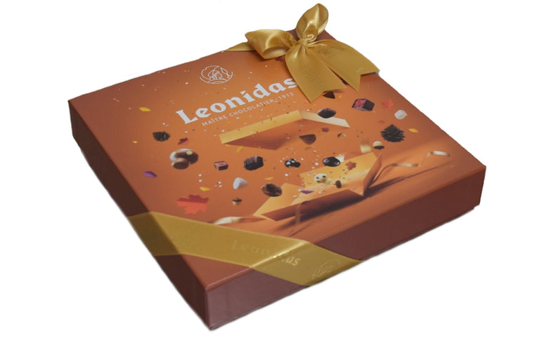 Fall themed Leonidas giftbox tied with a ribbon