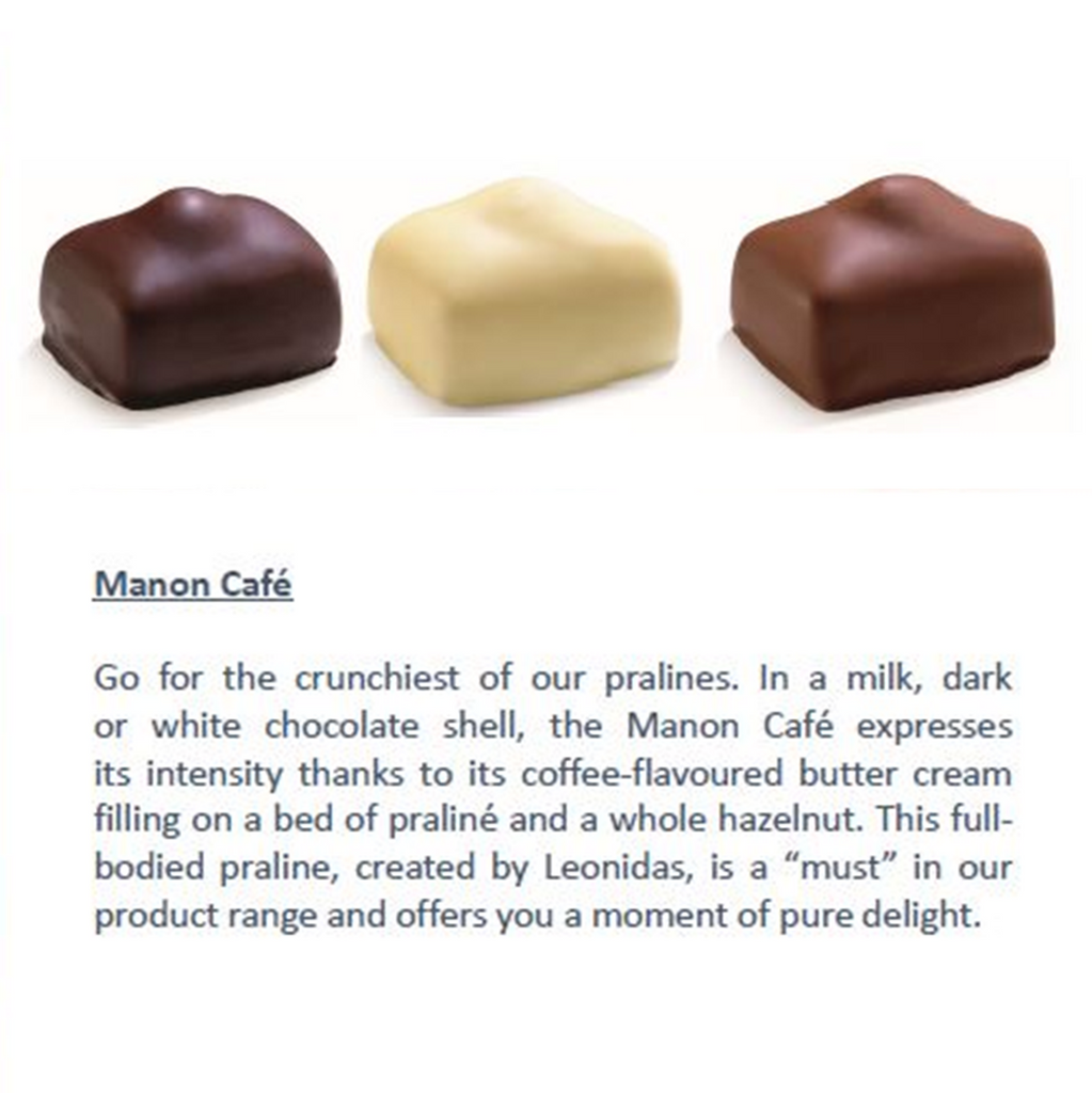 Leonidas Belgian Chocolates assorted Manon Cafe in milk, dark and white chocolate